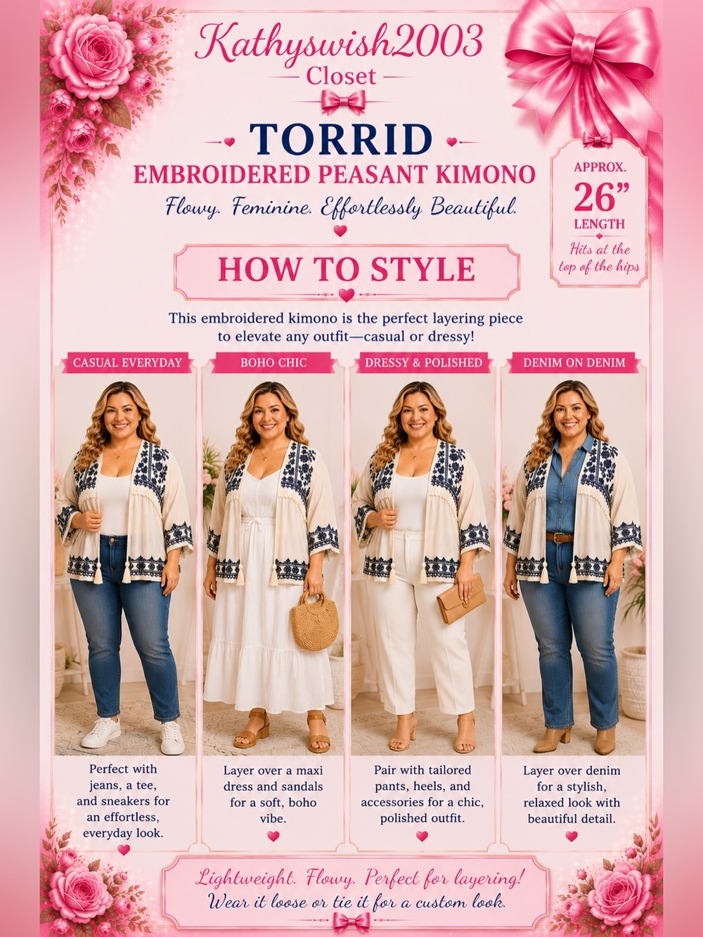 torrid White Peasant Kimono with Navy Embroidery - Picture 5 of 16
